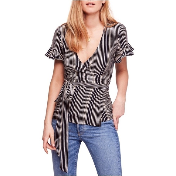 FREE People Navy & Cream Wrap Top NWOT Sz XXS - Picture 6 of 6